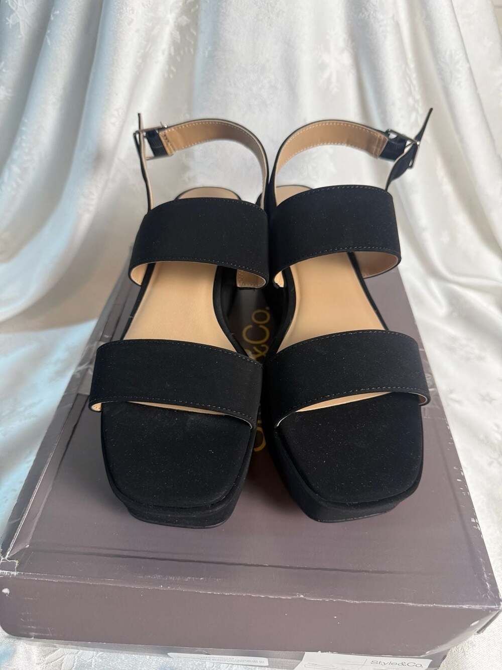 Style & Co Ardenn Black Platform Wedge Sandals Double Strap Y2K Womens 7.5